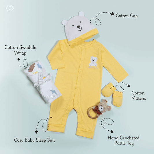 The Cosy Cub – 5 in 1 Unisex Newborn Baby Outfit & Gift Hamper